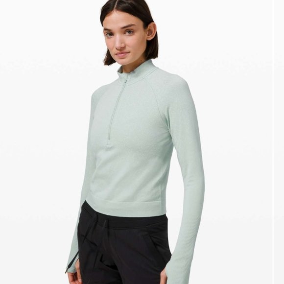 Nwot Lululemon Rest less herringbone hazy jade /alpine whiteHalf Zip crop - Picture 3 of 4